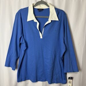 NWT Chaps Women’s Top Plus 3X Collared Long Sleeve Rugby Polo Blue Classic Prep